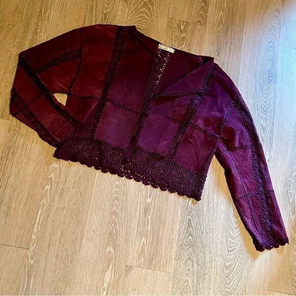 90s 70s Suede Crochet Patch Plum Boho Lagenlook Open Oversized Jacket M Xl Vtg - Picture 2 of 9